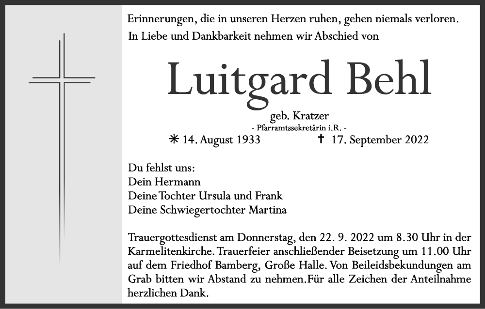  Traueranzeige für Luitgard Behl vom 20.09.2022 aus MGO