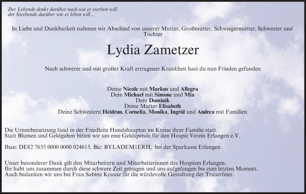  Traueranzeige für Lydia Zametzer vom 03.09.2022 aus MGO