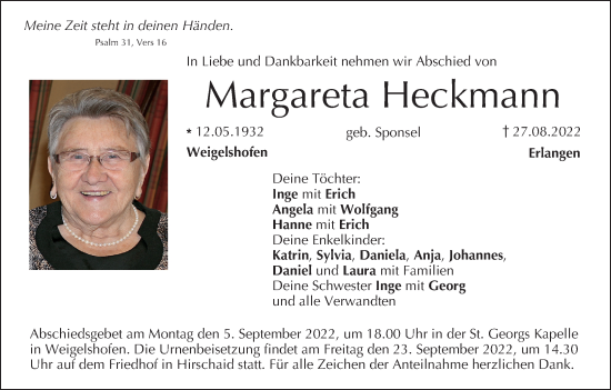 Anzeige von Margareta Heckmann von MGO
