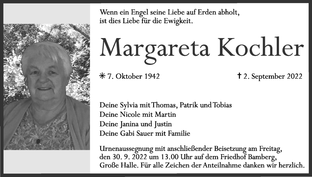  Traueranzeige für Margareta Kochler vom 24.09.2022 aus MGO