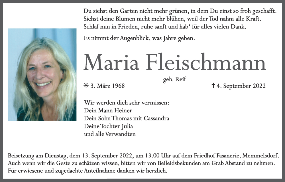  Traueranzeige für Maria Fleischmann vom 10.09.2022 aus MGO