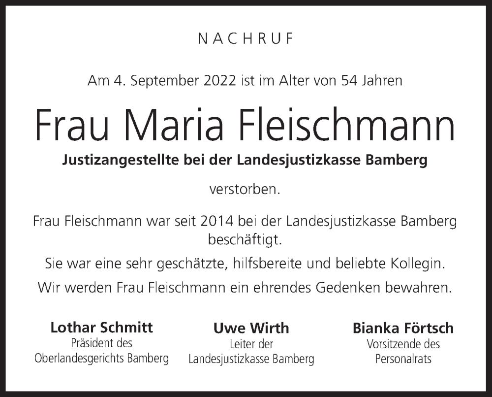  Traueranzeige für Maria Fleischmann vom 14.09.2022 aus MGO