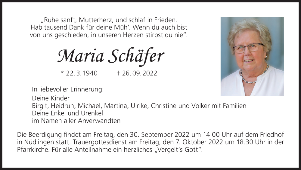  Traueranzeige für Maria Schäfer vom 29.09.2022 aus MGO