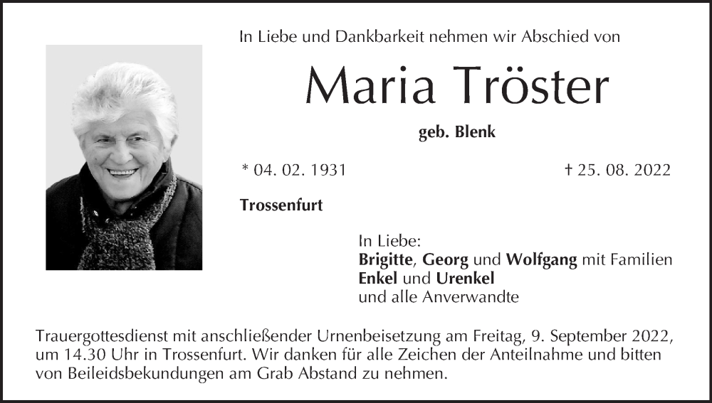 Maria Tröster | Traueranzeige | trauer.inFranken.de