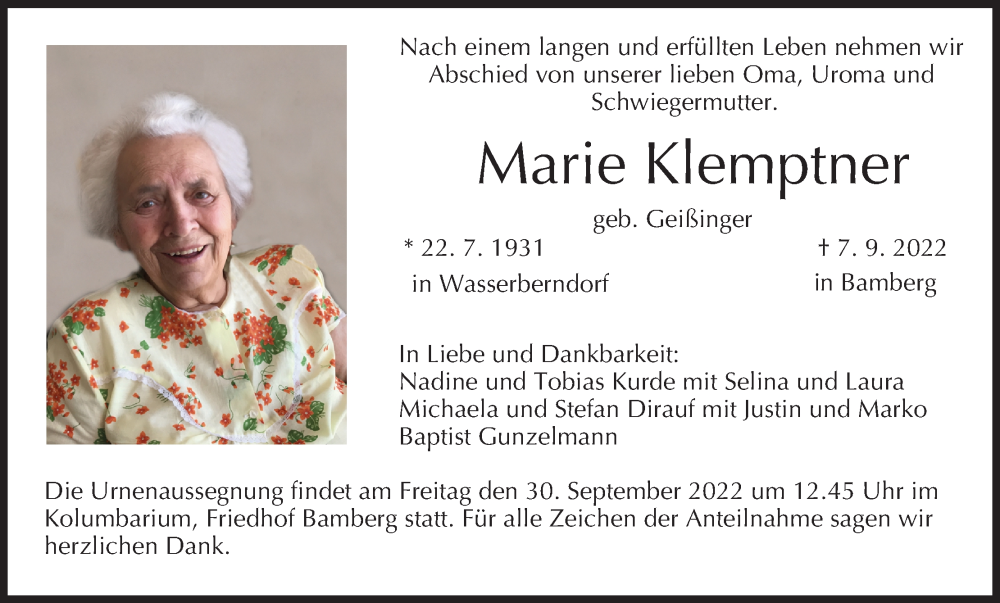  Traueranzeige für Marie Klemptner vom 24.09.2022 aus MGO