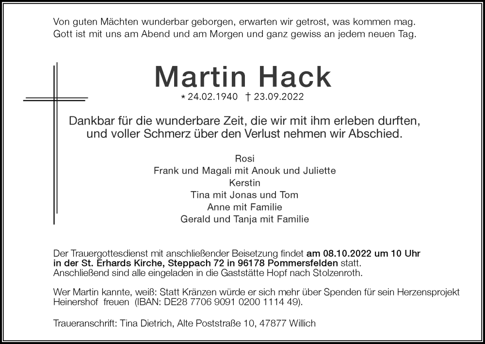  Traueranzeige für Martin Hack vom 29.09.2022 aus MGO