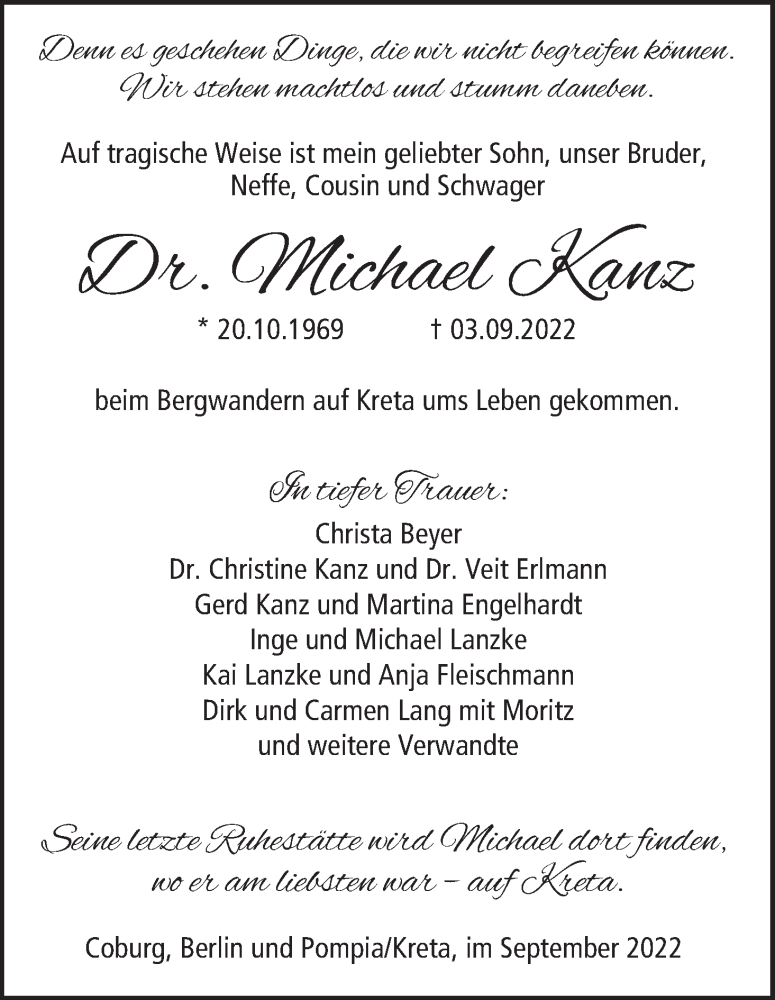  Traueranzeige für Michael Kanz vom 24.09.2022 aus MGO