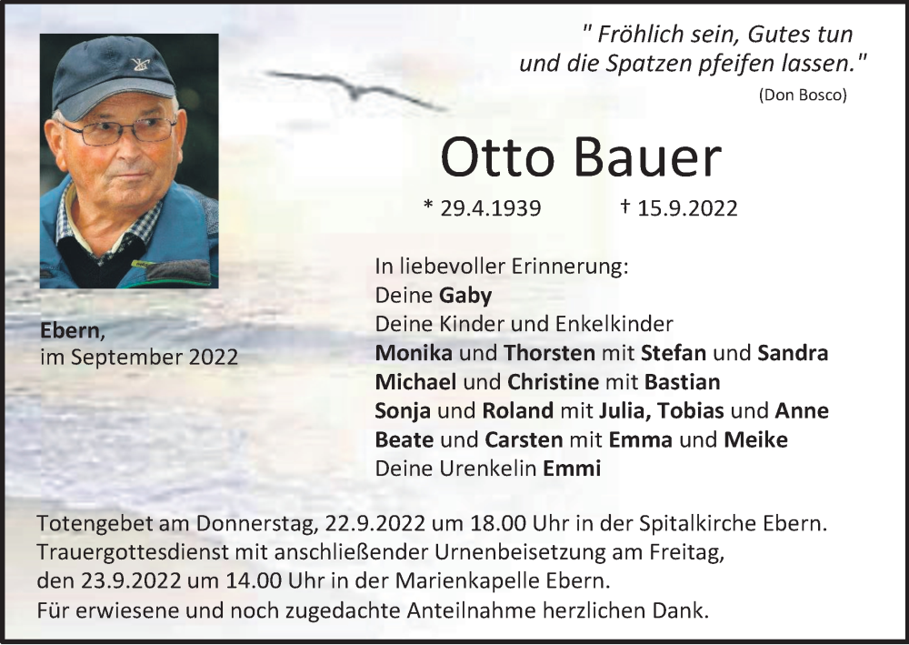  Traueranzeige für Otto Bauer vom 21.09.2022 aus MGO