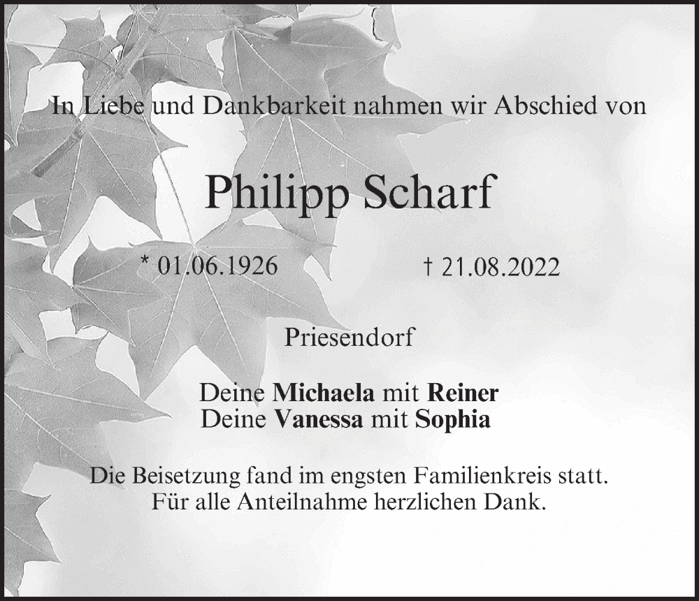  Traueranzeige für Philipp Scharf vom 10.09.2022 aus MGO