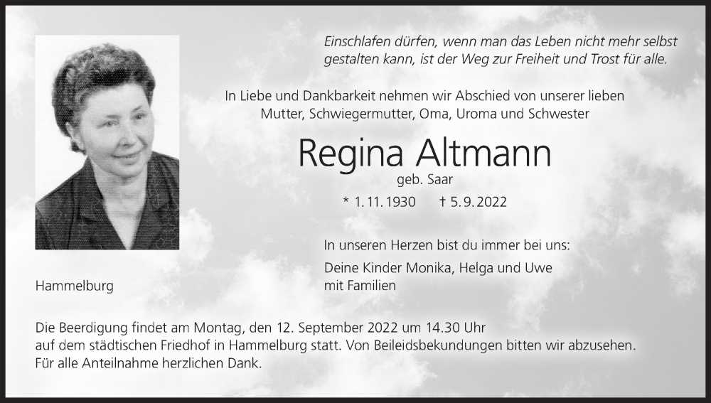  Traueranzeige für Regina Altmann vom 10.09.2022 aus MGO