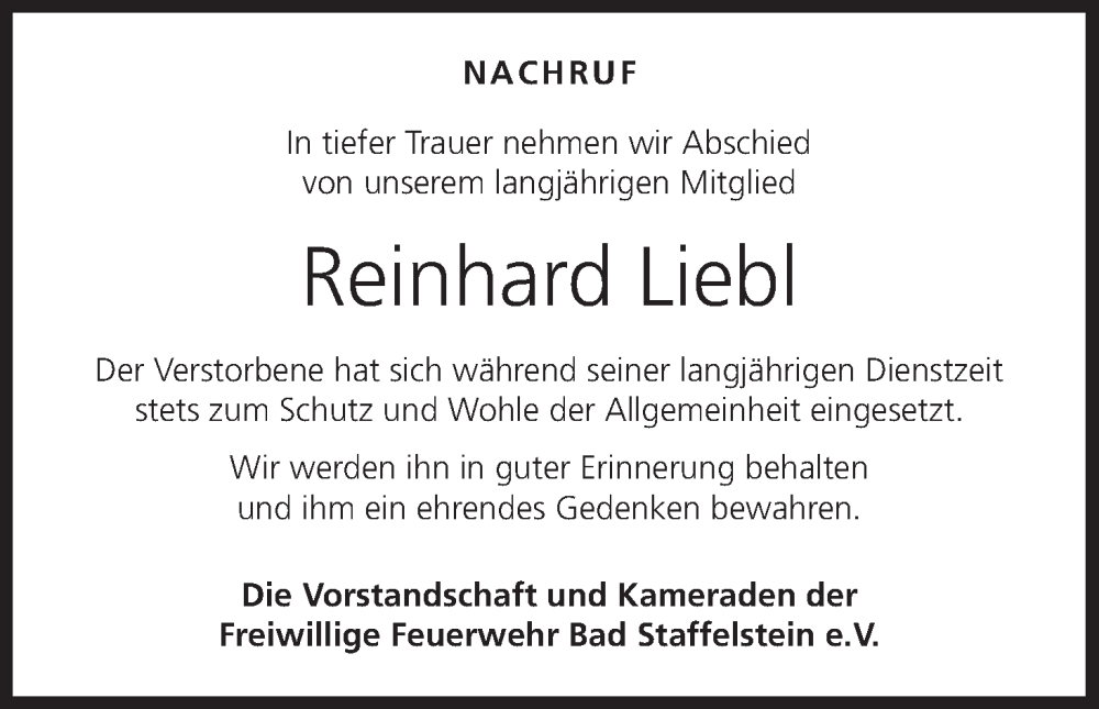  Traueranzeige für Reinhard Liebl vom 10.09.2022 aus MGO