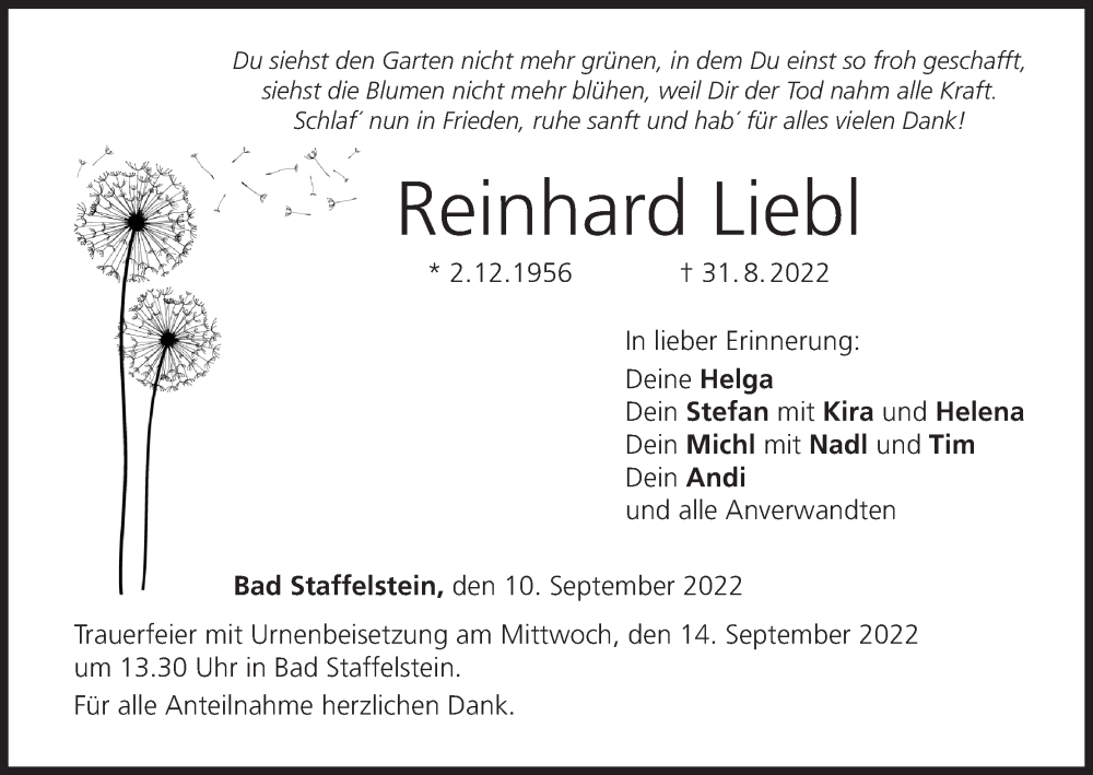  Traueranzeige für Reinhard Liebl vom 10.09.2022 aus MGO