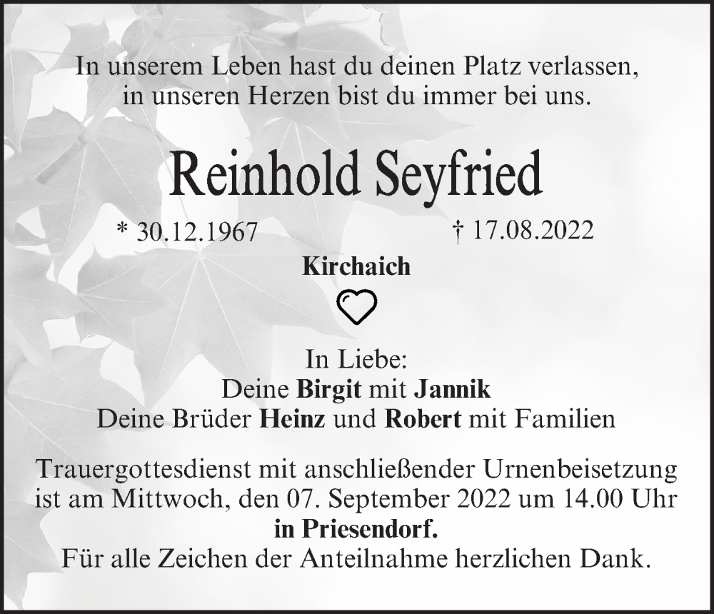  Traueranzeige für Reinhold Seyfried vom 03.09.2022 aus MGO