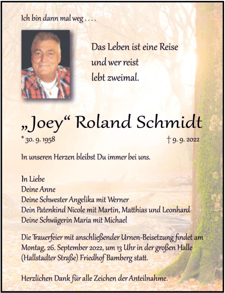  Traueranzeige für Roland Schmidt vom 17.09.2022 aus MGO
