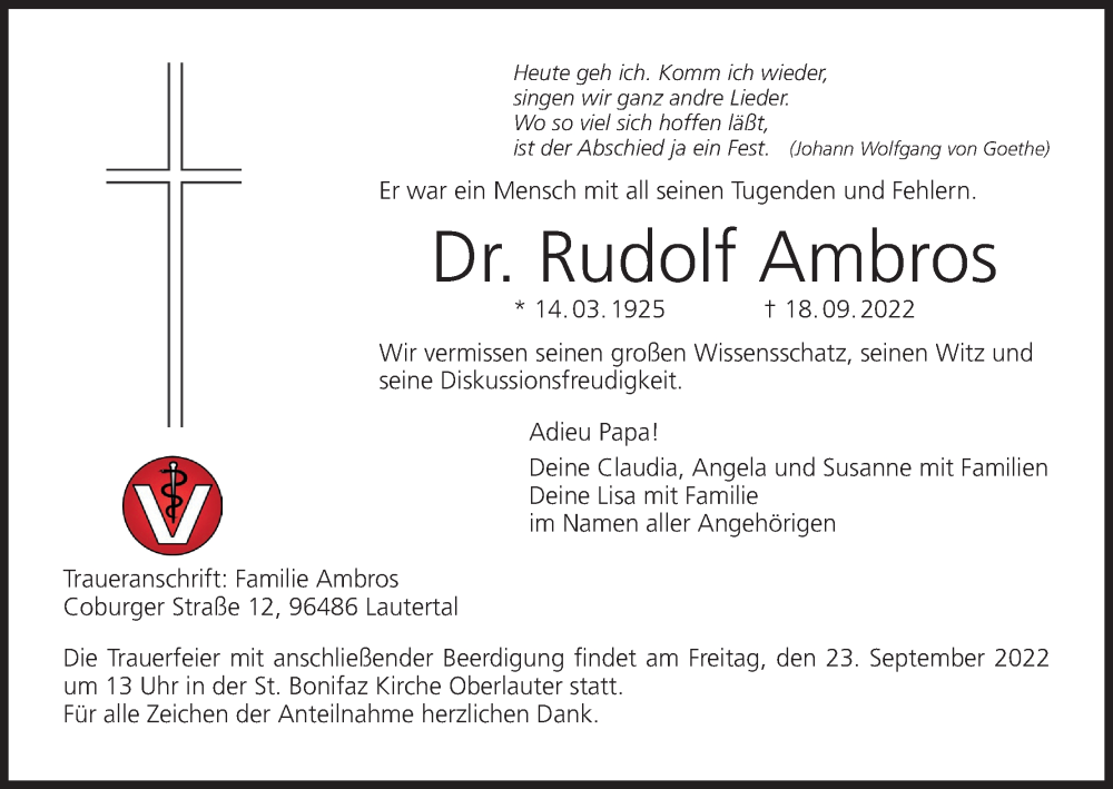  Traueranzeige für Rudolf Ambros vom 21.09.2022 aus MGO