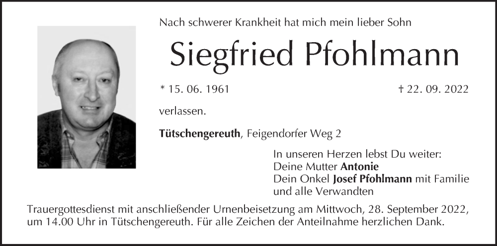  Traueranzeige für Siegfried Pfohlmann vom 24.09.2022 aus MGO