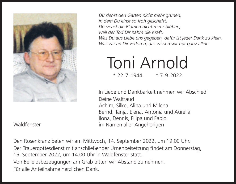  Traueranzeige für Toni Arnold vom 10.09.2022 aus MGO