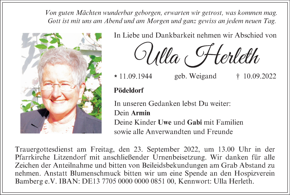  Traueranzeige für Ulla Herleth vom 17.09.2022 aus MGO