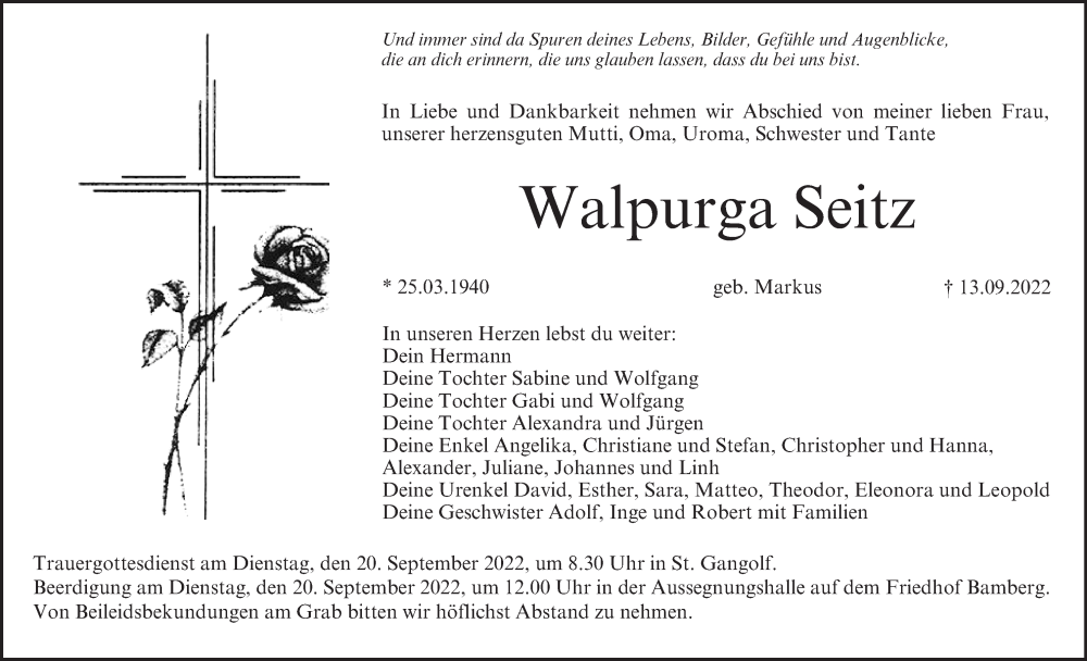  Traueranzeige für Walpurga Seitz vom 17.09.2022 aus MGO