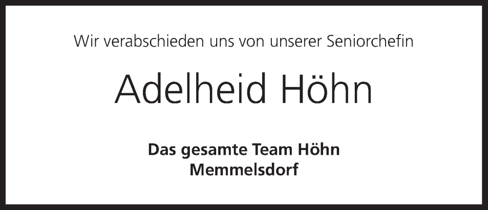  Traueranzeige für Adelheid Höhn vom 28.01.2023 aus MGO
