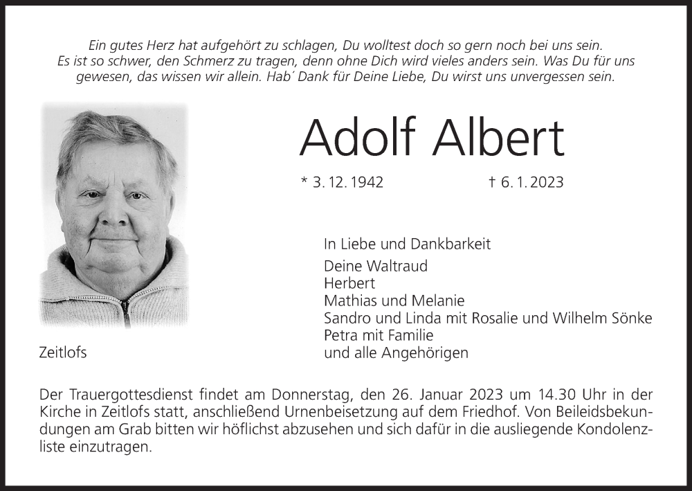  Traueranzeige für Adolf Albert vom 21.01.2023 aus MGO