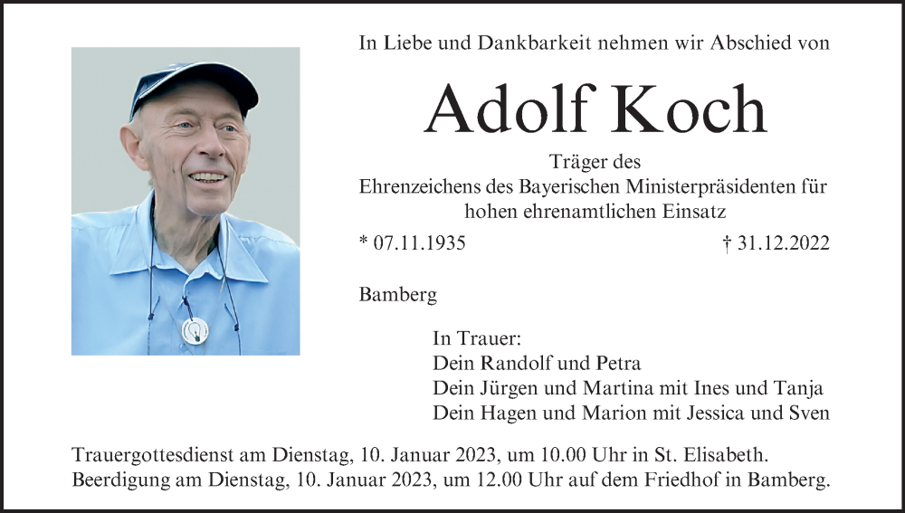  Traueranzeige für Adolf Koch vom 07.01.2023 aus MGO