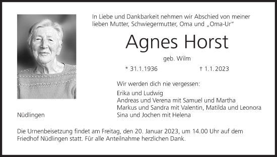 Agnes Horst Traueranzeige Trauer Infranken De