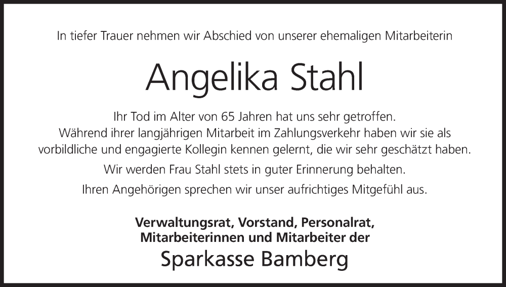  Traueranzeige für Angelika Stahl vom 28.01.2023 aus MGO