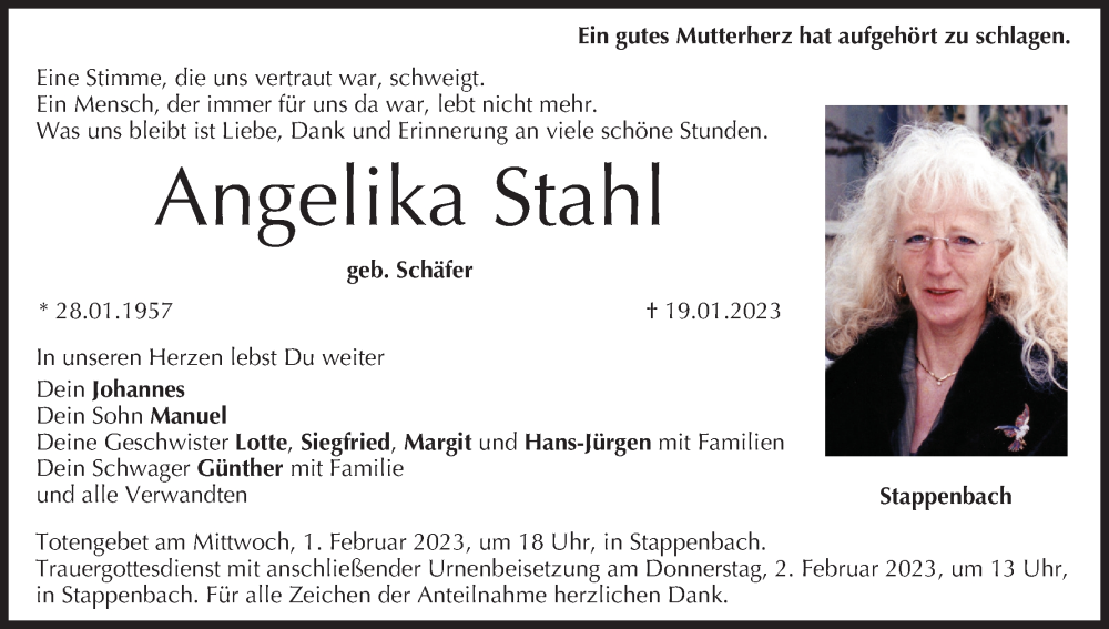  Traueranzeige für Angelika Stahl vom 28.01.2023 aus MGO