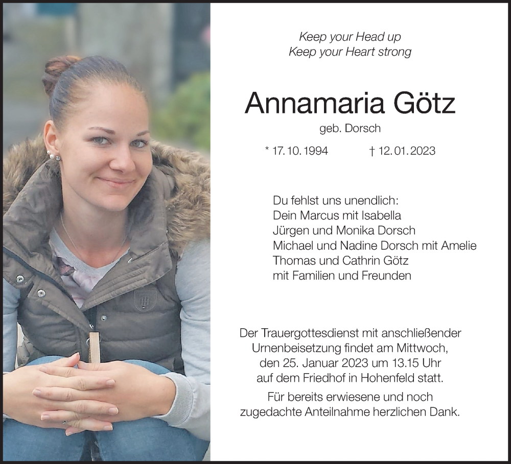  Traueranzeige für Annamaria Götz vom 21.01.2023 aus MGO