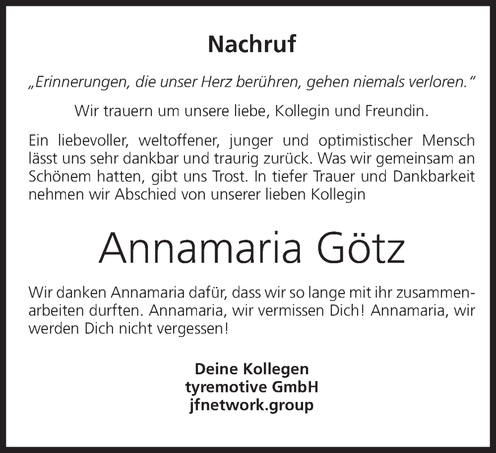  Traueranzeige für Annamaria Götz vom 24.01.2023 aus MGO