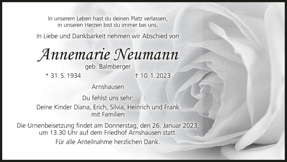  Traueranzeige für Annemarie Neumann vom 21.01.2023 aus MGO