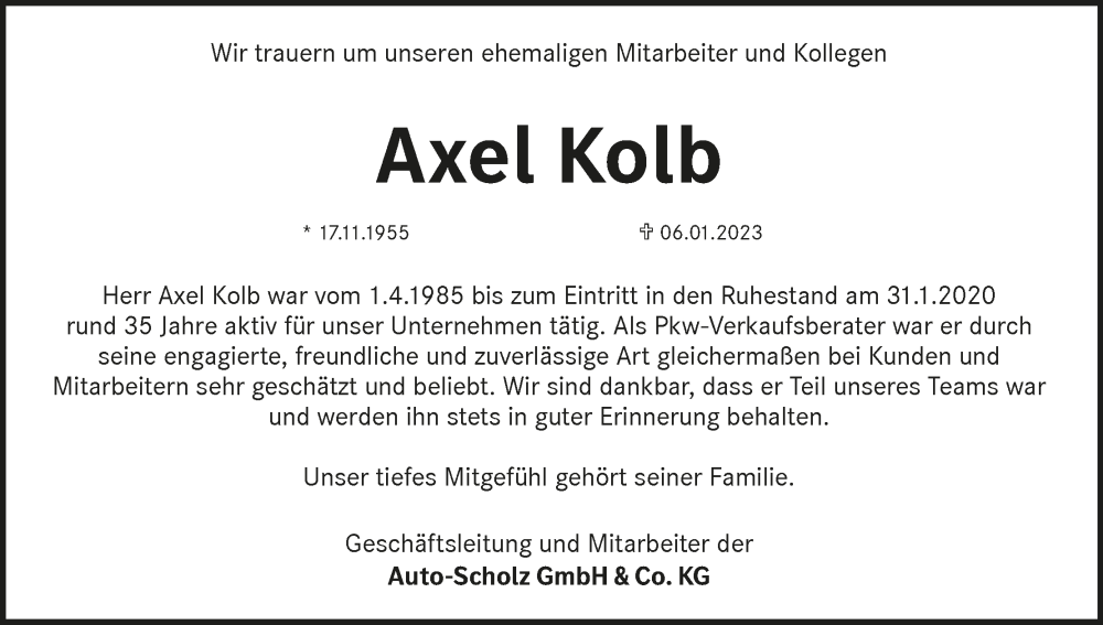  Traueranzeige für Axel Kolb vom 28.01.2023 aus MGO