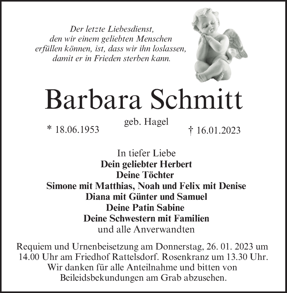  Traueranzeige für Barbara Schmitt vom 24.01.2023 aus MGO
