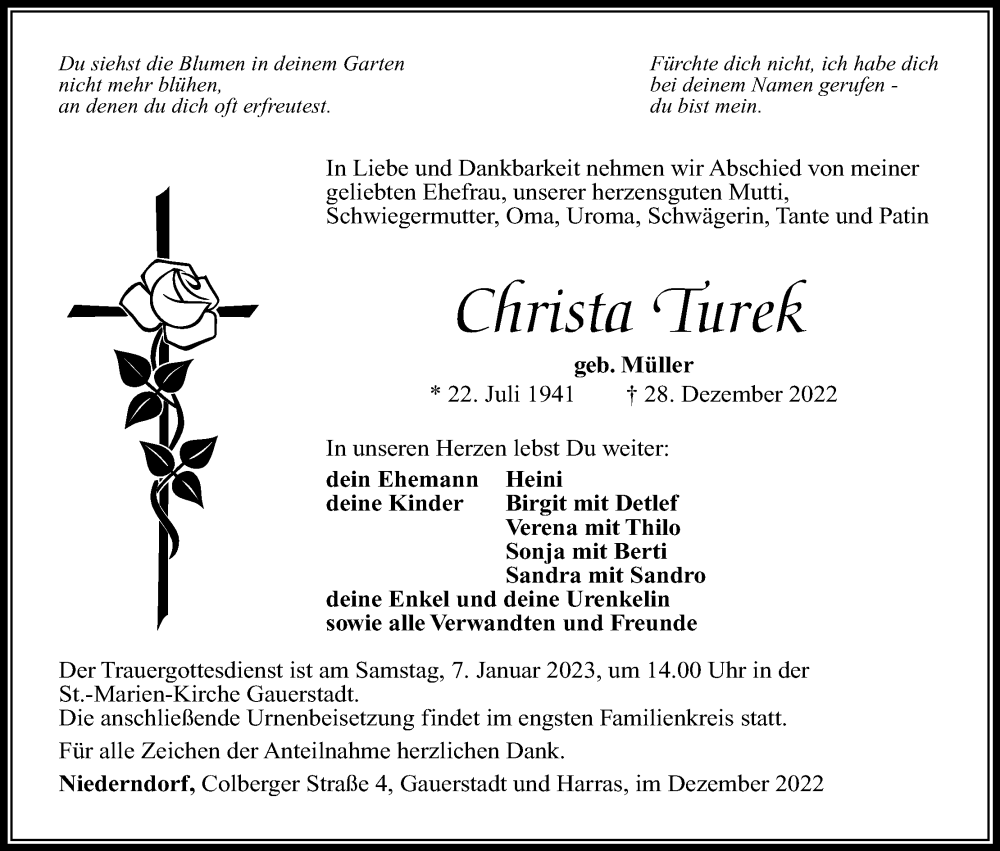  Traueranzeige für Christa Turek vom 03.01.2023 aus MGO