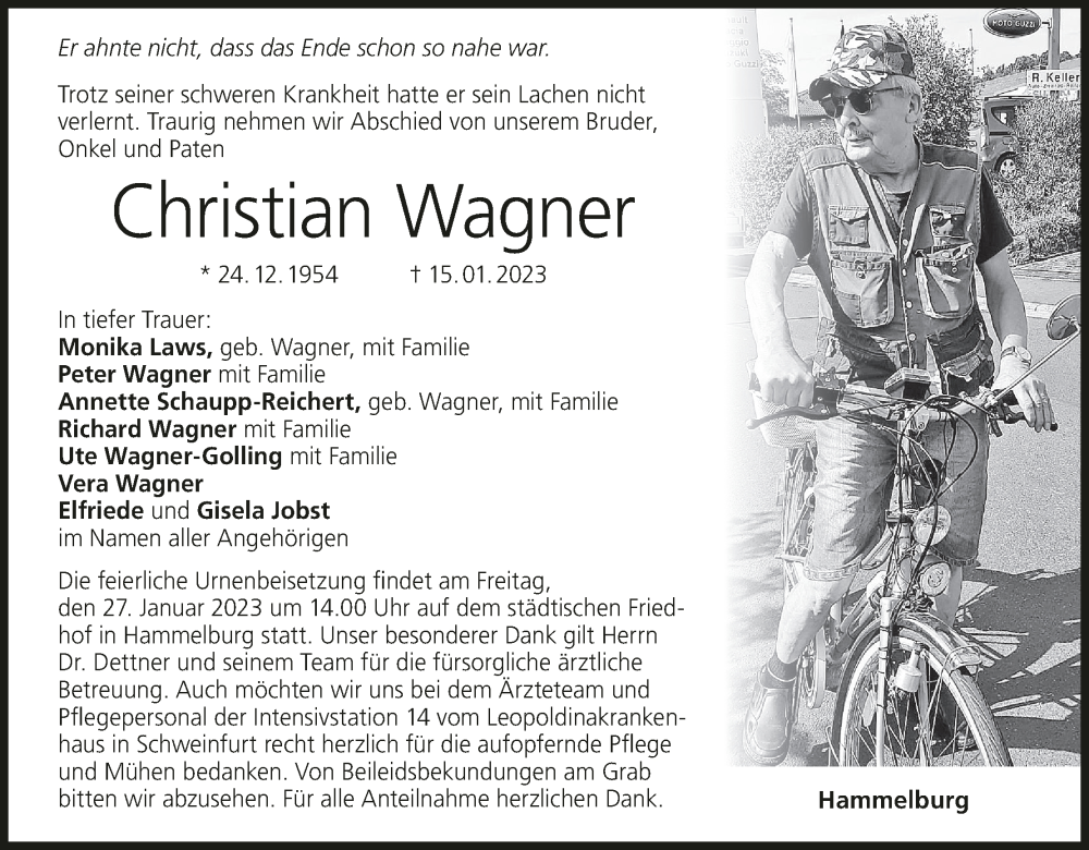  Traueranzeige für Christian Wagner vom 21.01.2023 aus MGO
