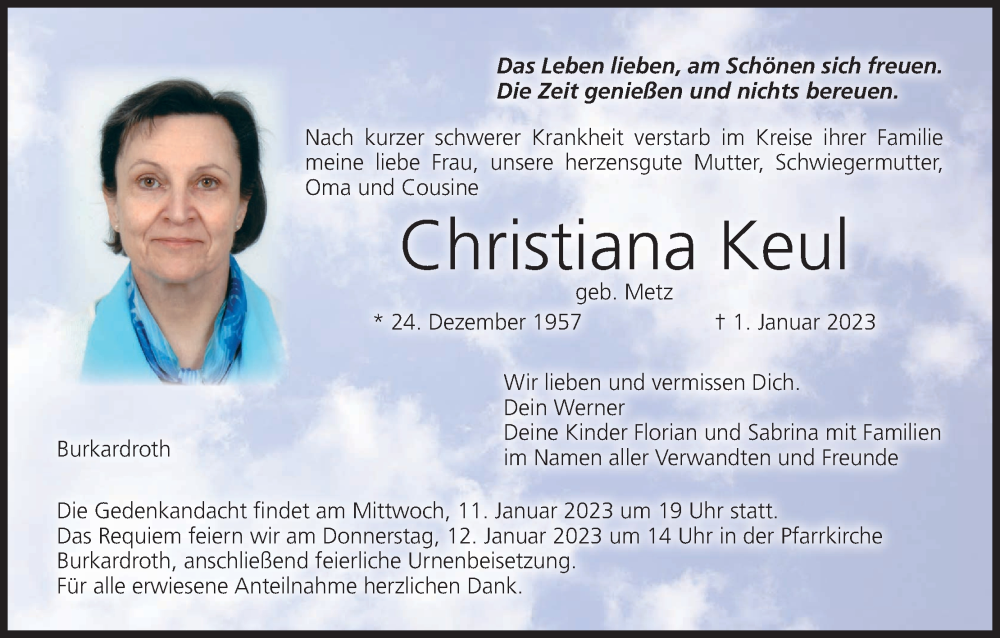  Traueranzeige für Christiana Keul vom 07.01.2023 aus MGO