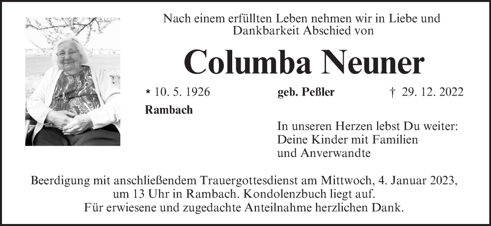 Traueranzeige für Columba Neuner vom 03.01.2023 aus MGO
