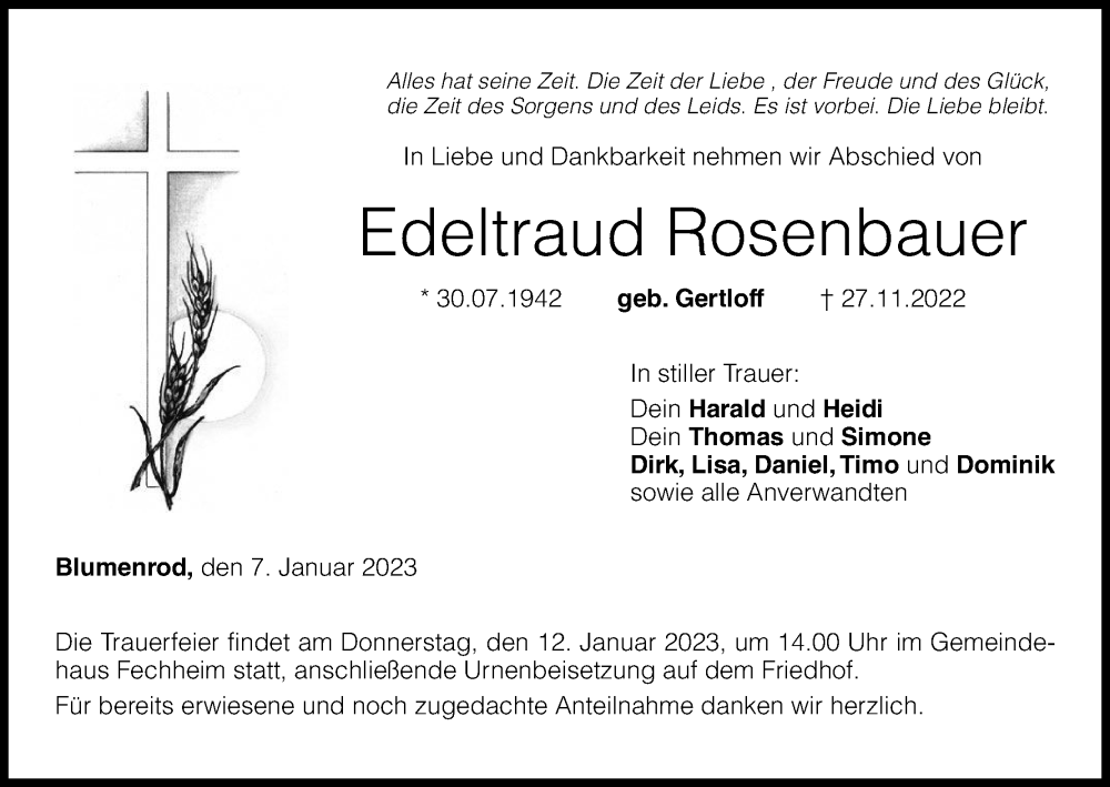  Traueranzeige für Edeltraud Rosenbauer vom 07.01.2023 aus MGO