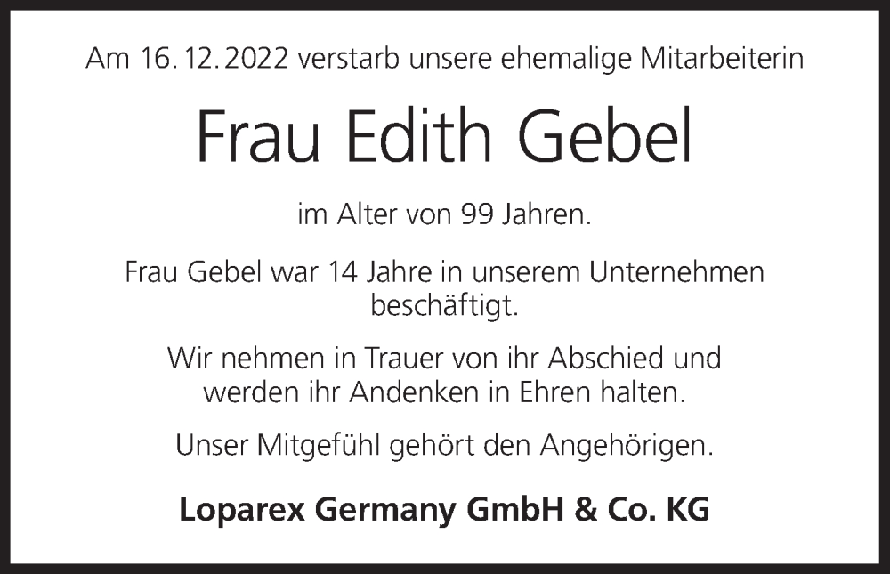  Traueranzeige für Edith Gebel vom 17.01.2023 aus MGO