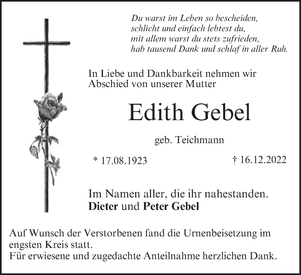  Traueranzeige für Edith Gebel vom 14.01.2023 aus MGO