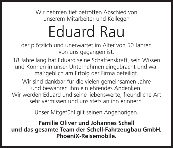 Anzeige von Eduard Rau von MGO