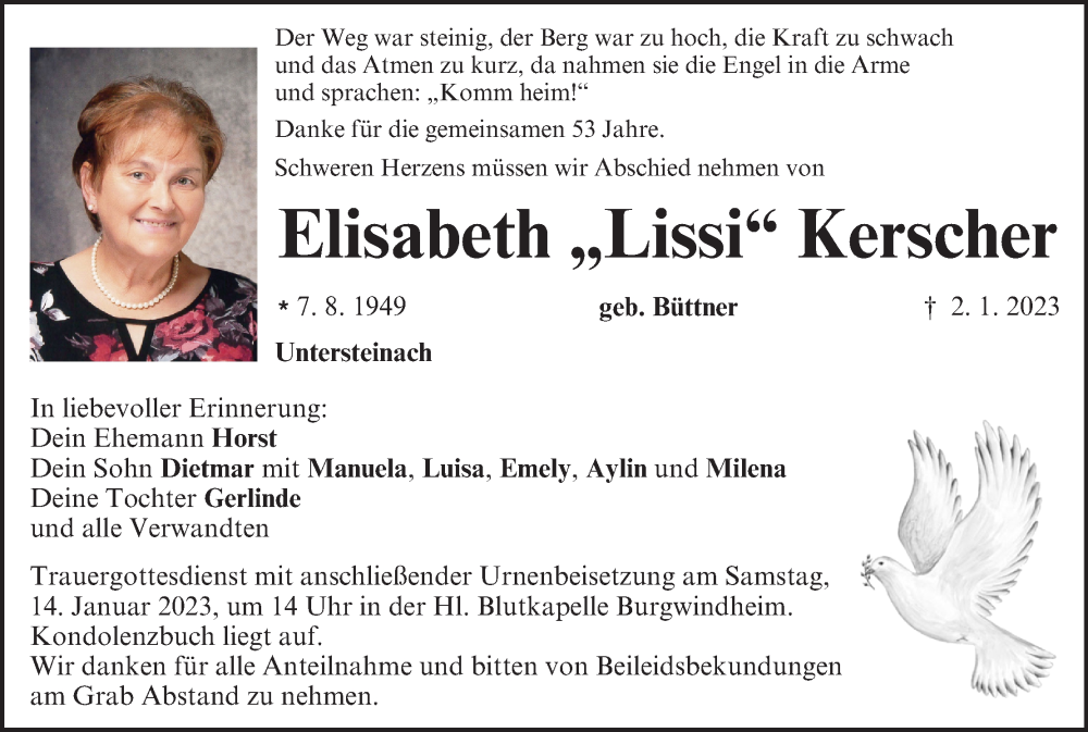  Traueranzeige für Elisabeth  Kerscher vom 07.01.2023 aus MGO