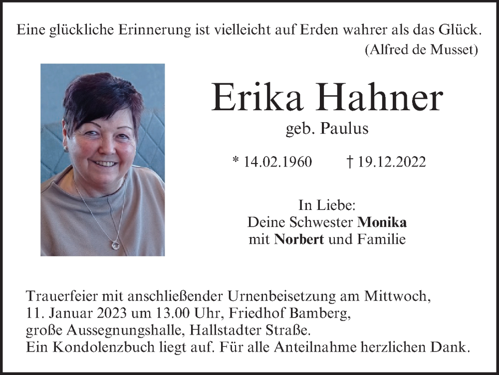  Traueranzeige für Erika Hahner vom 07.01.2023 aus MGO
