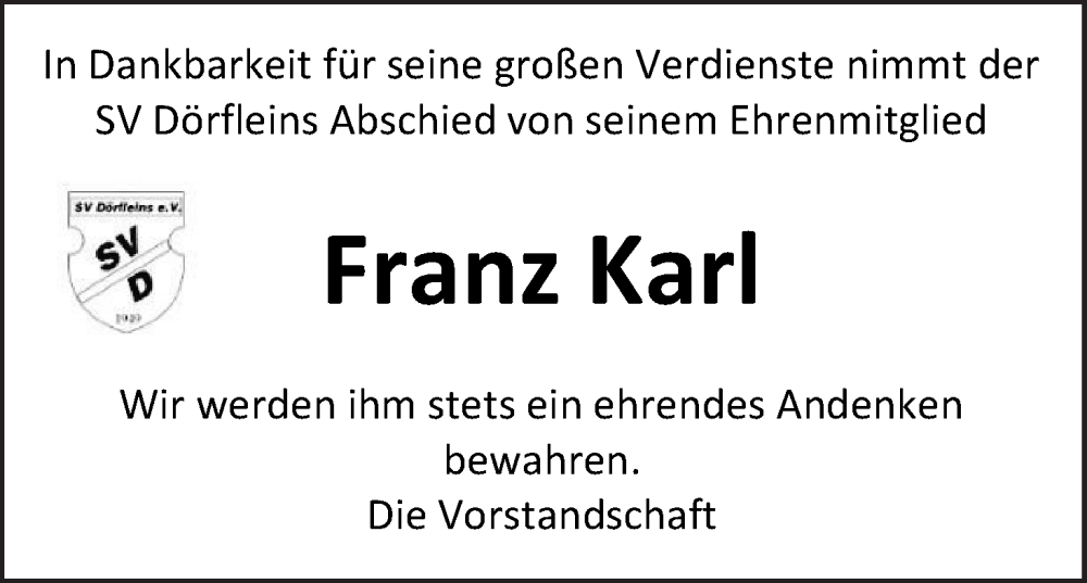  Traueranzeige für Franz Karl vom 28.01.2023 aus MGO