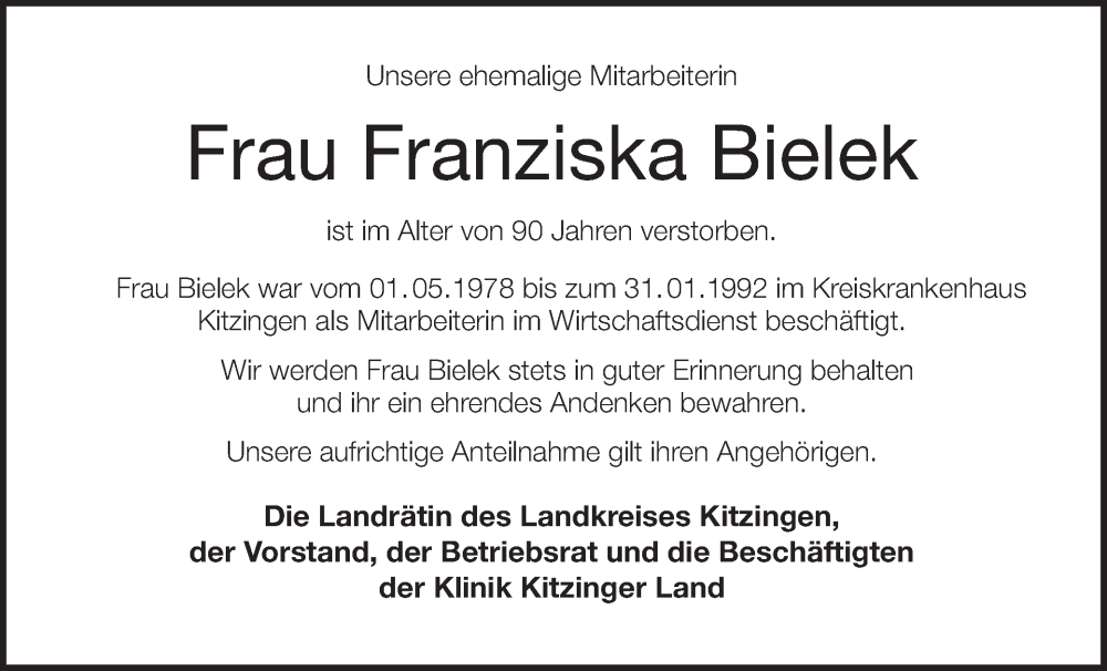  Traueranzeige für Franziska Bielek vom 14.01.2023 aus MGO