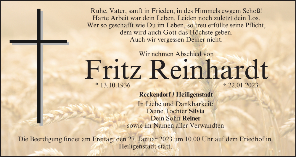  Traueranzeige für Fritz Reinhardt vom 25.01.2023 aus MGO