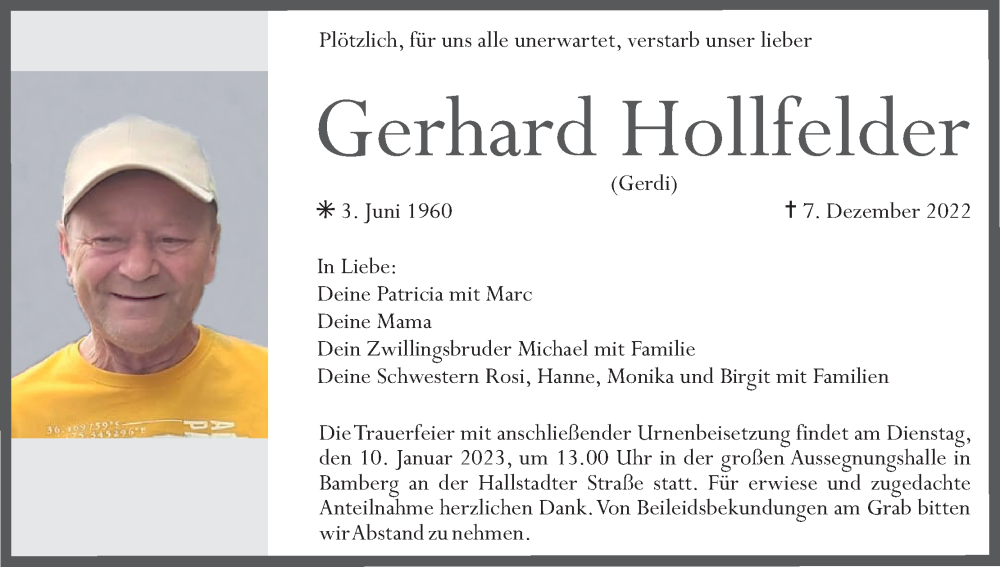  Traueranzeige für Gerhard Hollfelder vom 07.01.2023 aus MGO