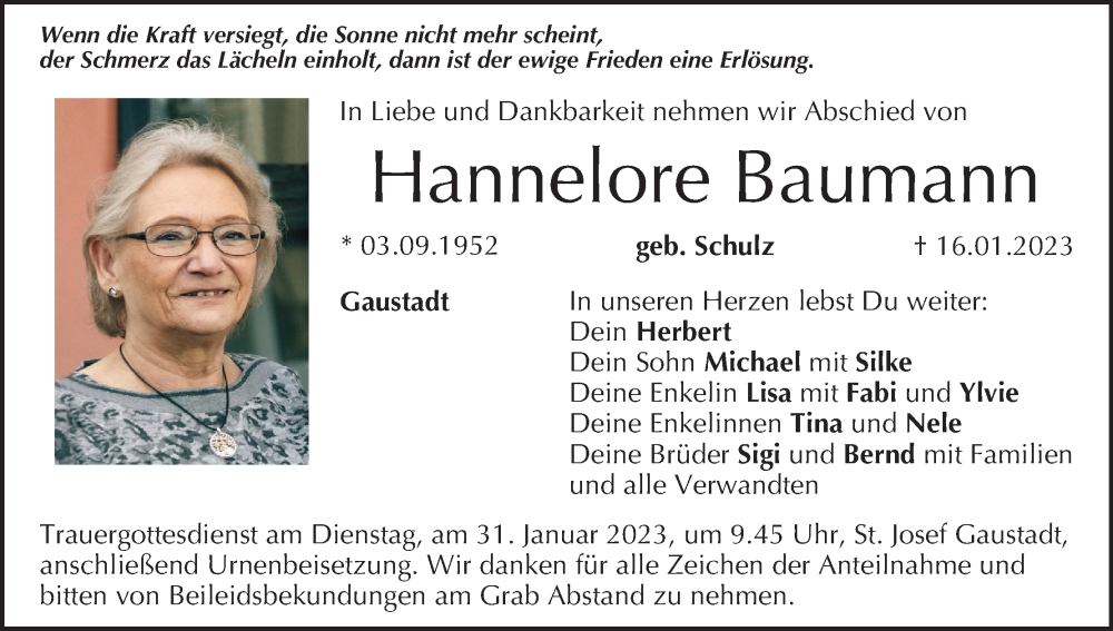  Traueranzeige für Hannelore Baumann vom 21.01.2023 aus MGO