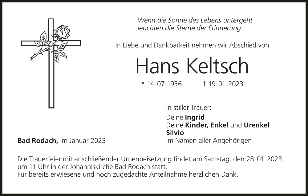  Traueranzeige für Hans Keltsch vom 21.01.2023 aus MGO